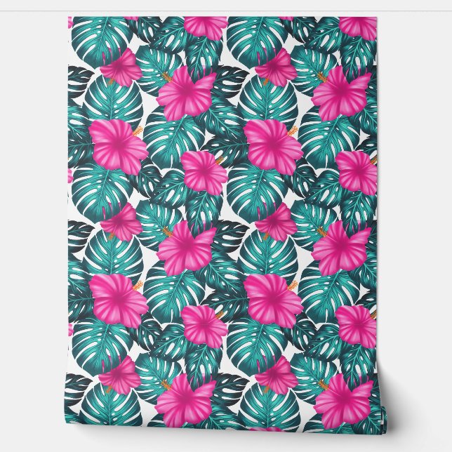 Papier Peint Monstera feuilles et Hibiscus Turquoise et rose (Déroulement)