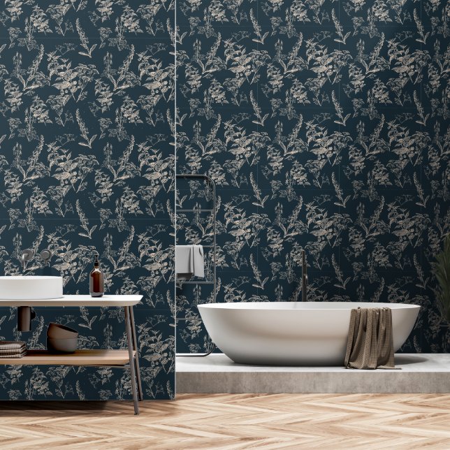 Papier Peint Moody & Romantic Bleu foncé Fleurs sauvages botani (Salle de bain)