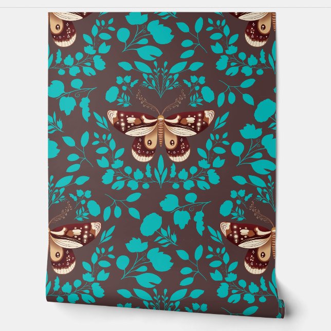 Papier peint Moth Brown et Foliage Turquoise Riche (Déroulement)