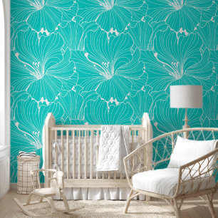 Papier peint motif à carreaux fleuris blanc et tur