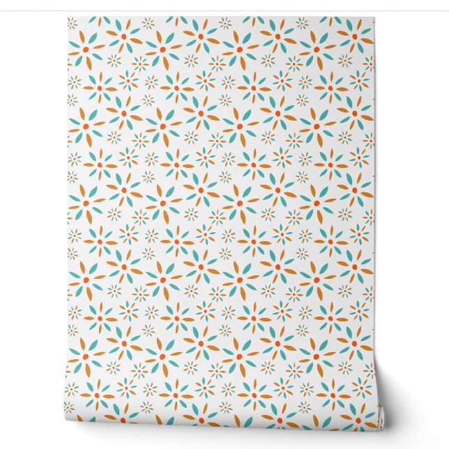 Papier Peint Motif À Fleur Turquoise Bleu Et Orange Rétro (Déroulement)
