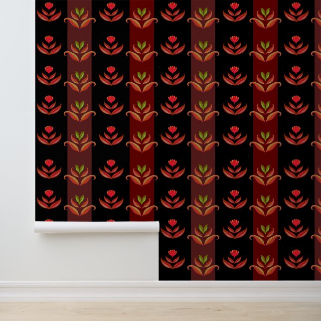 Papier Peint Motif à rayures florales noires, rouges, brunes (Application)