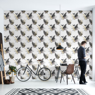 Papier Peint Motif Abstrait Black Silver et Feuille Gold