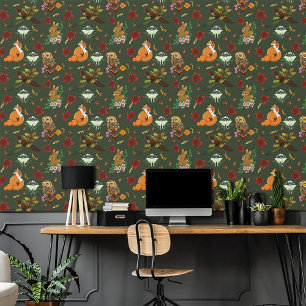 Papier Peint Motif Animaux de la Forêt Boisée Automne Vert