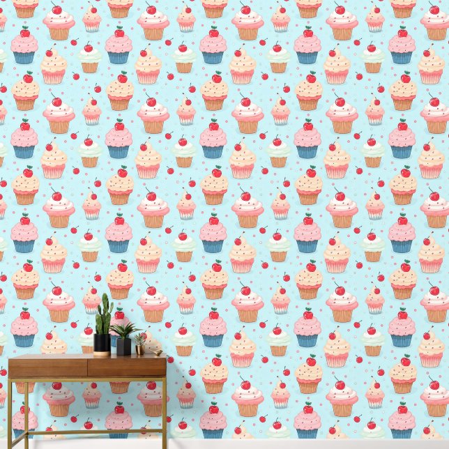 Papier Peint Motif Aquarelle Gâteaux Et Cerises (Couloir)