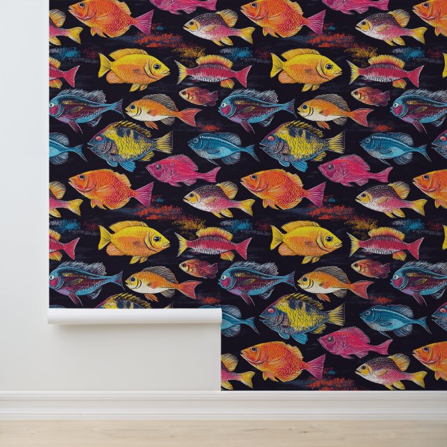 Papier Peint Motif aquatique natation poisson chalk dessin (Application)