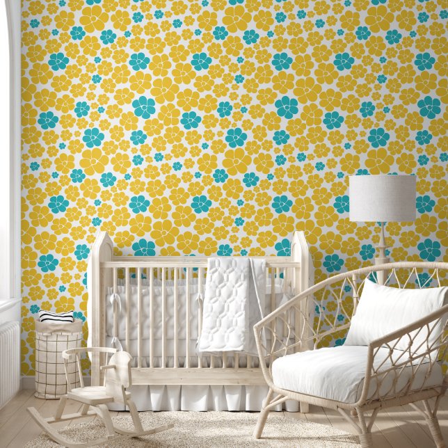 Papier Peint Motif aux fleurs - Turquoise et Jaune (Enfants)