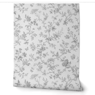 Papier Peint Motif botanique vintage gris avec oiseaux chanteur