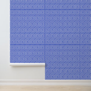 Papier Peint Motif Carrés Clé Méandre Grec Bleu