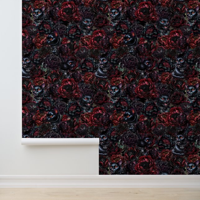 Papier Peint Motif Chat Noir Gothique & Fleurs Sombres  (Application)