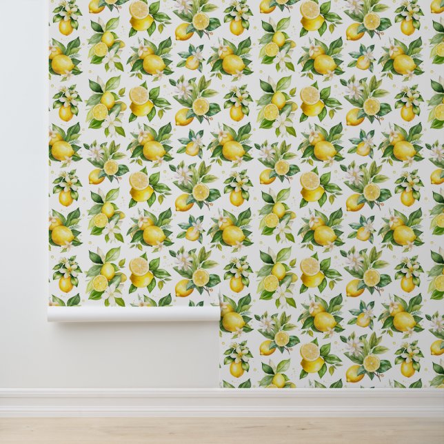 Papier Peint Motif citron, Fleurs de citron, Feuilles, Citrus (Application)