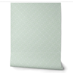 Papier Peint Motif Clé Grecque Vert Sauge et Blanc