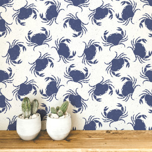 Papier Peint Motif côtier bleu et blanc au crabe