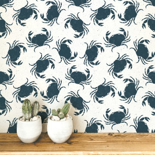 Papier Peint Motif côtier bleu indigo et blanc Crabe