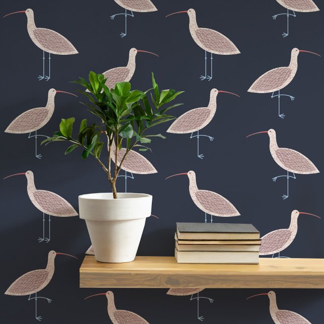Papier Peint Motif côtier d'oiseaux courlis (Curlew coastal bird pattern dark charcoal gray art peel and stick wallpaper)