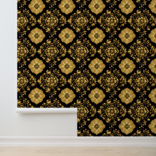 Papier Peint Motif damassé floral or luxe sur fond noir