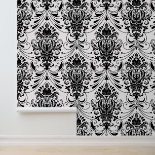Papier Peint Motif damassé ornemental vintage blanc et noir