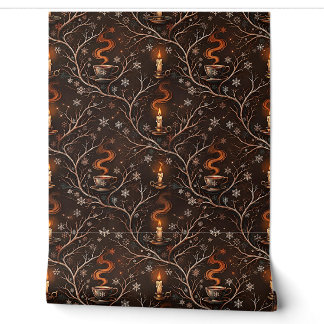 Papier Peint Motif Dark Academia Café et Bougies d'Hiver