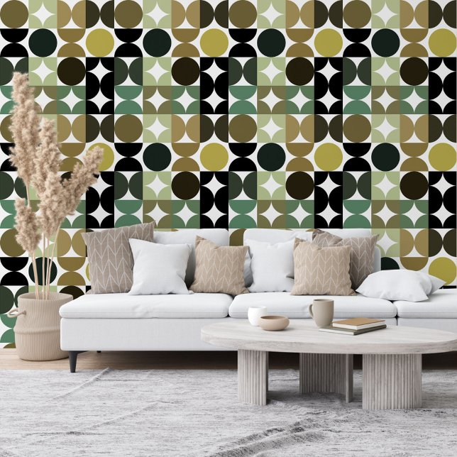 Papier Peint Motif de cercles vert beige brun de moutarde noire (Créateur téléchargé)