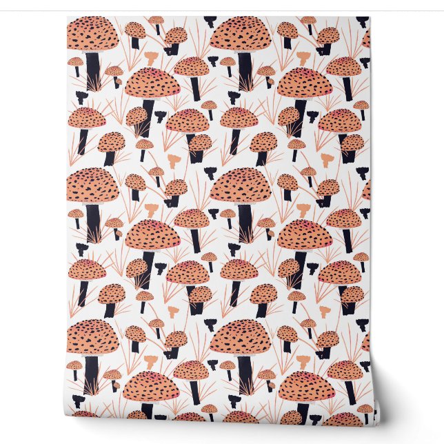 Papier Peint Motif de champignon noir orange tiré à la main (Déroulement)