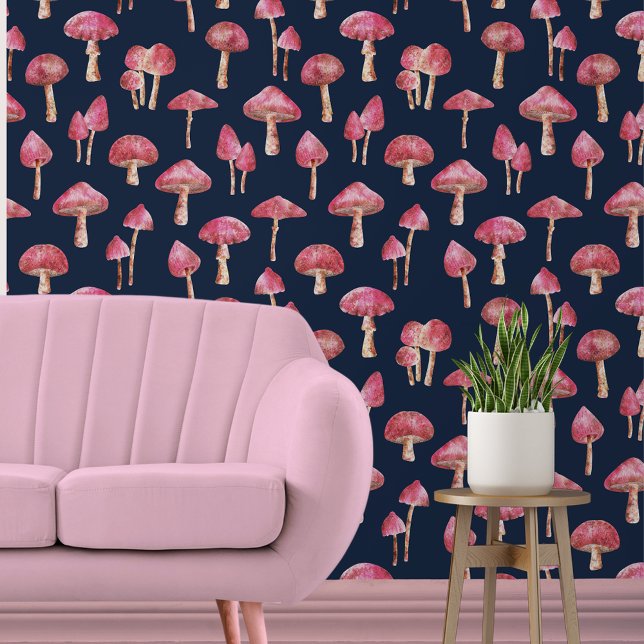 Papier Peint Motif de champignons (pink mushroom and navy wallpaper)