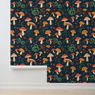 Papier Peint Motif de champignons et de feuillage
