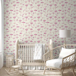 Papier Peint Motif de champignons roses de la forêt Vintage
