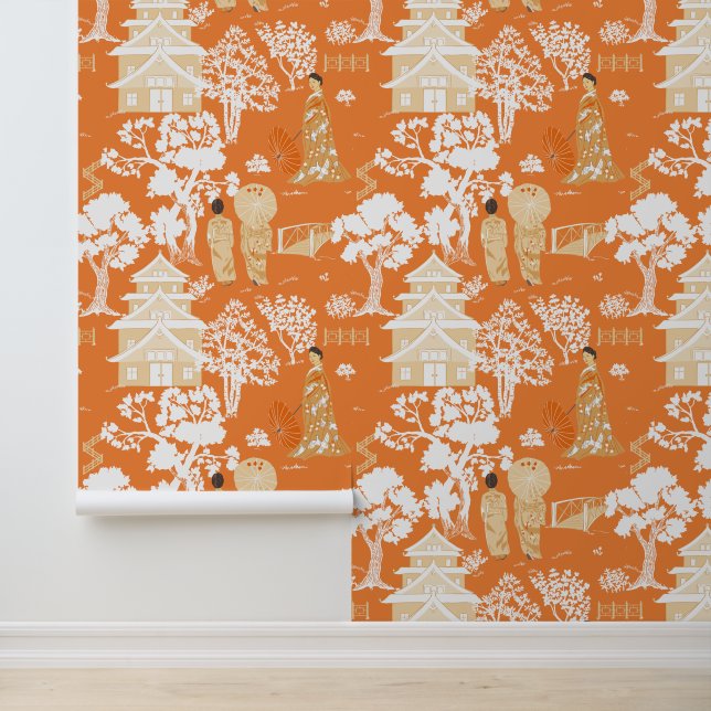 Papier Peint Motif de Chinoiserie orange (Application)