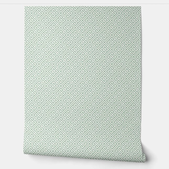 Papier Peint Motif de clé grecque verte et blanche Sage (Déroulement)