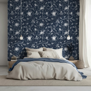 Papier Peint Motif de contour floral esquissé Blanc/Bleu marine