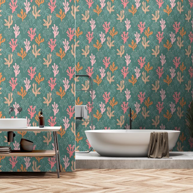 Papier Peint Motif de coraux orange rose turquoise (Salle de bain)