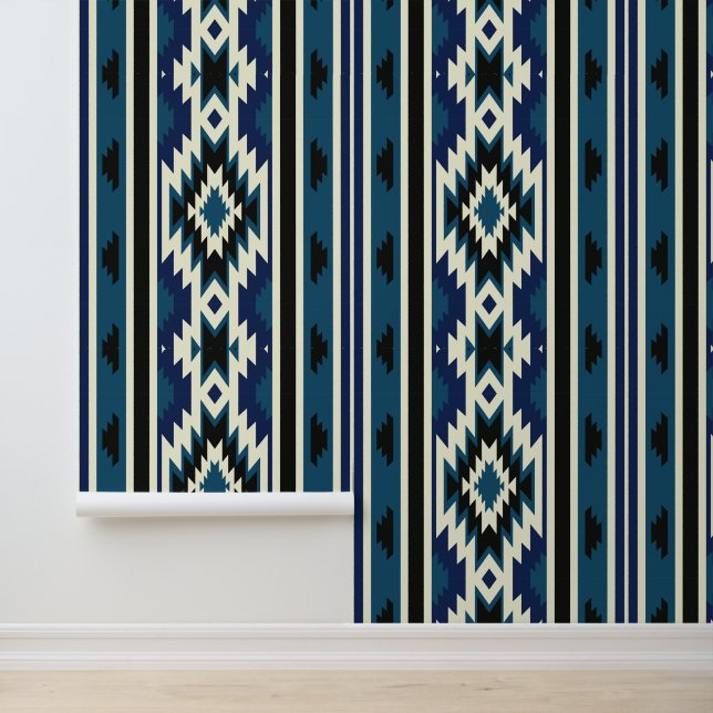 Papier Peint Motif de design Navajo bleu et blanc (Application)