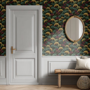 Papier Peint Motif de feuille de ginkgo bordeaux sarcelle