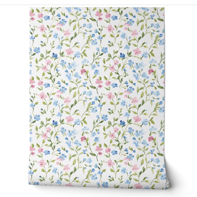 Papier Peint Motif de fleur sauvage rose bleu pastel (Déroulement)