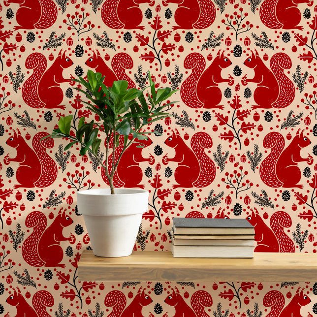 Papier Peint Motif de forêt d'écureuils (Modern squirrel woodland forest pattern peel and stick wallpaper)