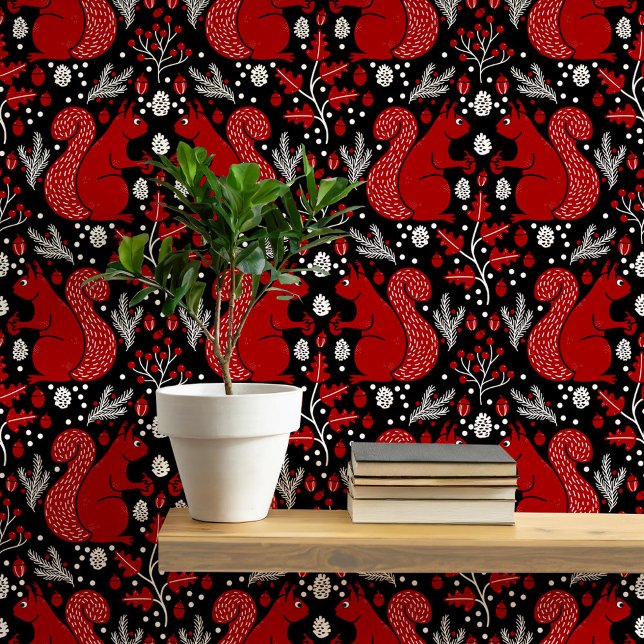 Papier Peint Motif de forêt d'écureuils (Modern squirrel woodland forest pattern peel and stick wallpaper)