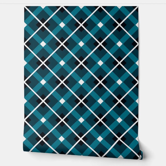 Papier Peint Motif de grille géométrique turquoise et Marine (Déroulement)