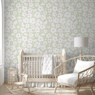 Papier Peint Motif de marguerite rose pâle sur Sage