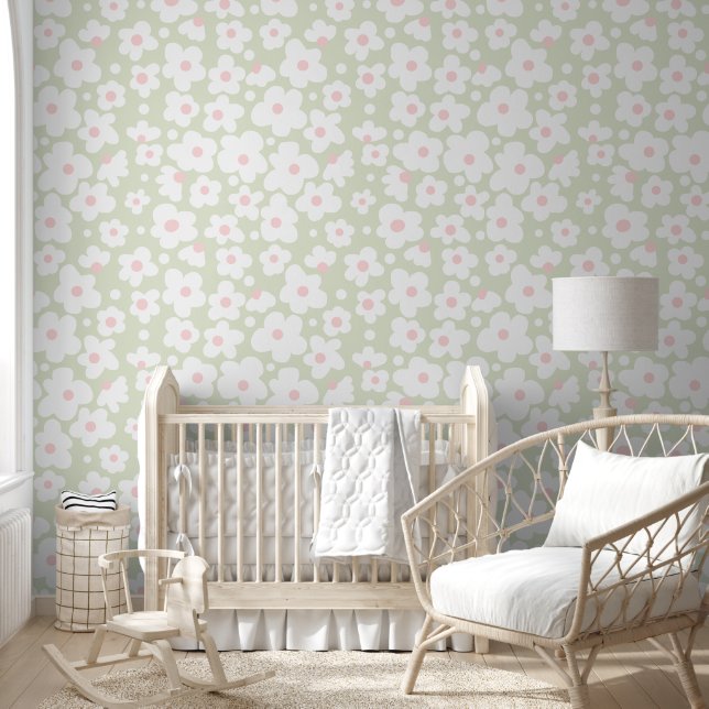 Papier Peint Motif de marguerite rose pâle sur Sage (Enfants)