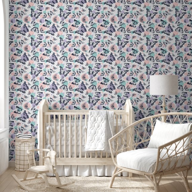 Papier Peint Motif de papillons colorés rétro. (Enfants)