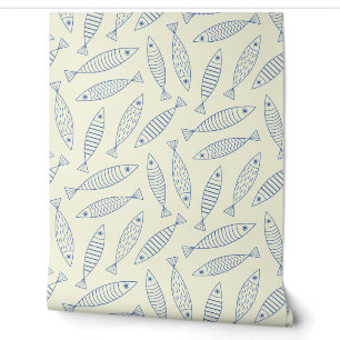 Papier Peint Motif de poisson sardine bleu doodle contour 