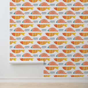 Papier Peint Motif de poissons de natation d'art populaire