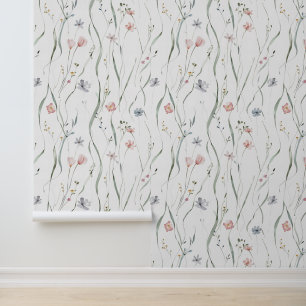 Papier Peint Motif de prairie Fleur sauvage rose gris neutre