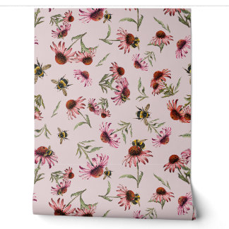Papier Peint Motif d'echinacées abeilles