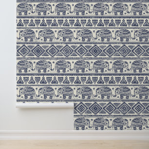 Papier Peint Motif d'éléphant ethnique bleu