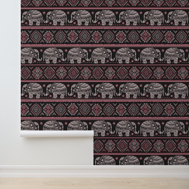 Papier Peint Motif d'éléphant ethnique noir (Application)
