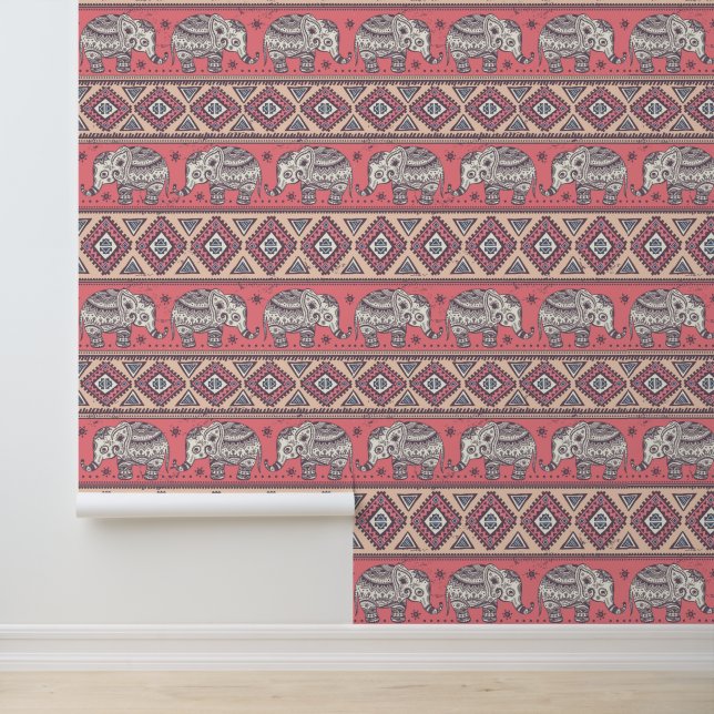 Papier Peint Motif d'éléphant ethnique rose (Application)