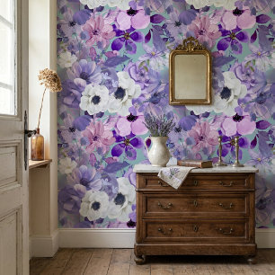 Papier Peint Motif Élégant de Fleurs Sauvages Violettes et Pour