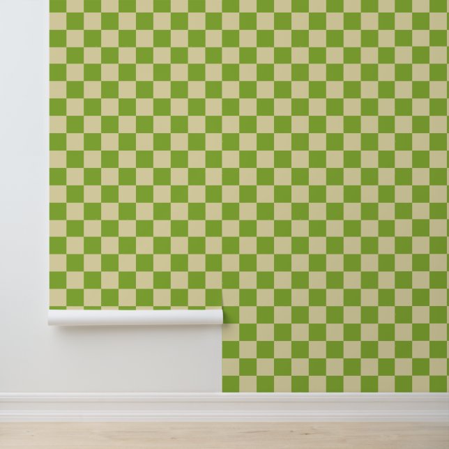 Papier Peint Motif en damier esthétique rétro Vert Blanc (Application)