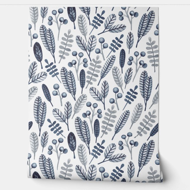 Papier Peint Motif feuille abstrait bleu (Déroulement)
